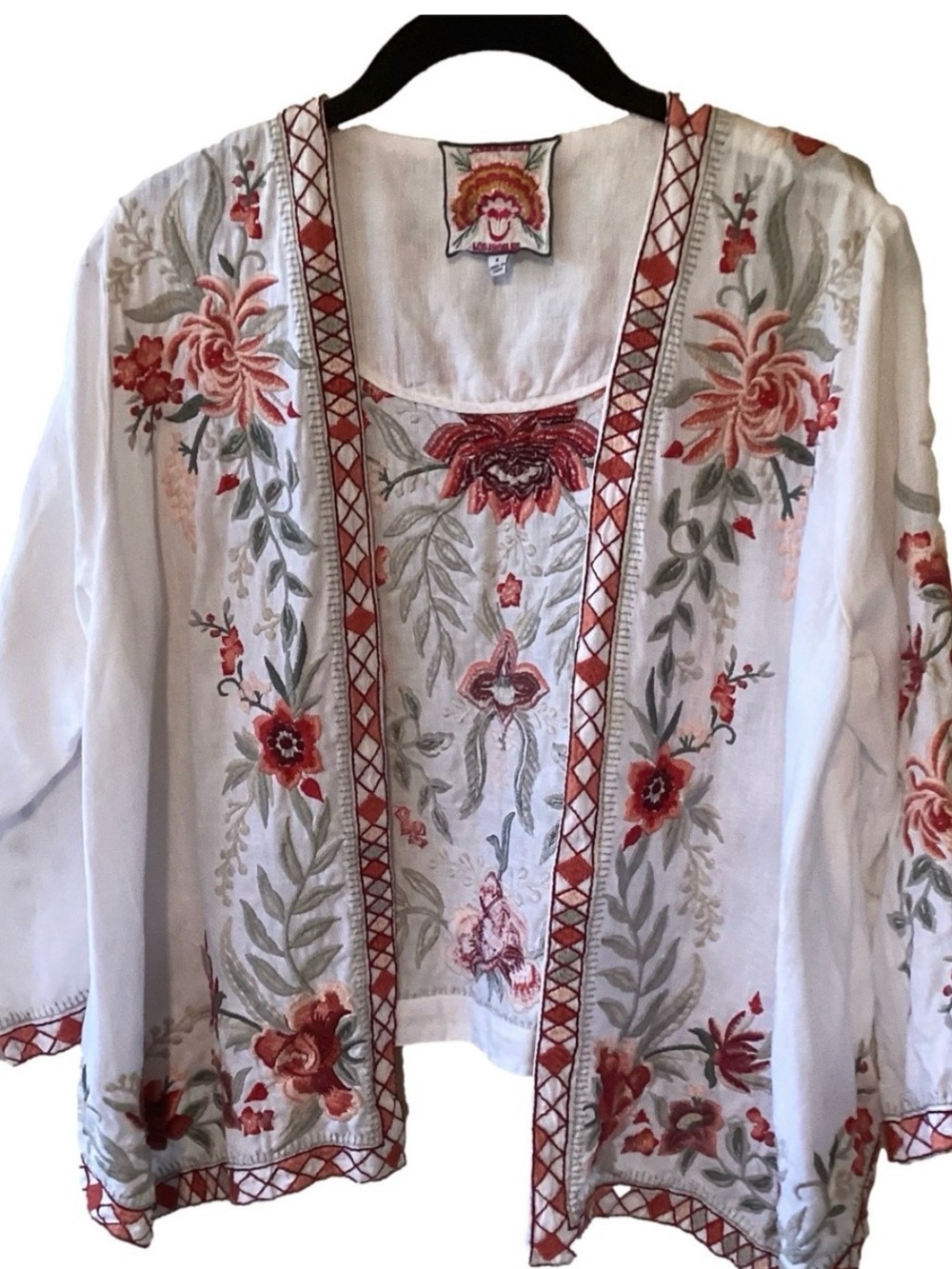 Johnny Was White Kimono Jacket with Red and Sage Floral Embroidery - Picture 2 of 7